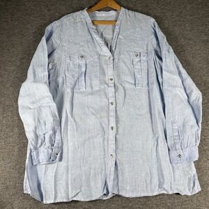 J Jill Love Linen Women's Tunic Roll Tab Sleeves Button Up Top Blue SZ M Beach